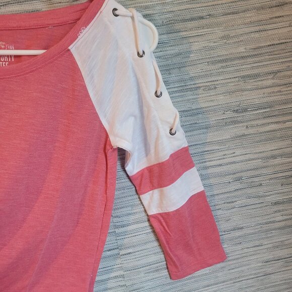 American Heritage Woman's Sport Tee Pink & White w/ 3/4 Strappy Sleeves Size XXS - Picture 3 of 8